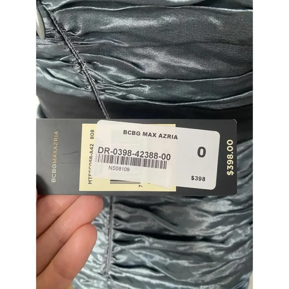 NWT $398 BCBG Max Azria Metallic Gray Strapless Rushed Bow Dress Size 0 XS